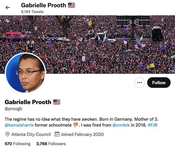 screenshot of @proogb's profile, featuring a GAN-generated face and the biography "The regime has no idea what they have awoken. Born in Germany. Mother of 3. @kamalaharris former schoolmate 👎🏽. I was fired from @cnnbrk in 2018. #FJB"