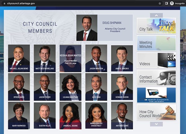 screenshot of the Atlanta City Council's website showing the current members, none of whom are named "Gabrielle Prooth"