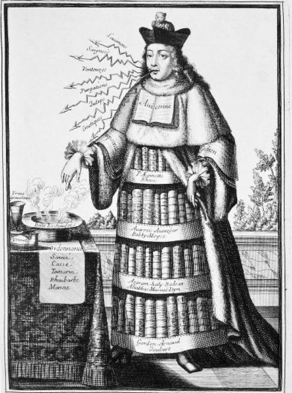 engraving of a figure wearing a gown with books shown underneath