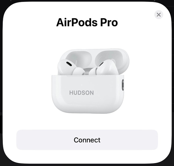 AirPods Pro connection screen showing an AirPods case with Hudson written on.