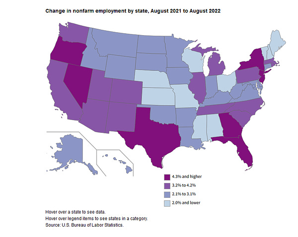 Change in nonfarm employment by state, August 2021 to August 2022