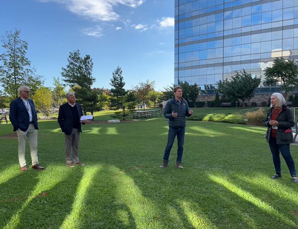 Mark Cullen and Drs. Stacey, Cullen and Sergeant celebrate National Forest Week with a tree planting at Hamilton General Hospital.