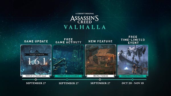 Assassin's Creed Valhalla. Game Update. Title Update 1.6.1, September 27. Free game activity, Tombs of the Fallen, September 27. New feature, Rune Forge, September 27. Free time-limited event, Oskoreia Festival, Oct 20 - Nov 10. 