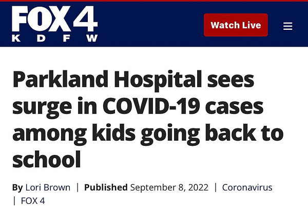 Fox 4: ”Parkland Hospital sees surge in Covid cases among kids going back to school.” By Lori Brown September 8, 2022