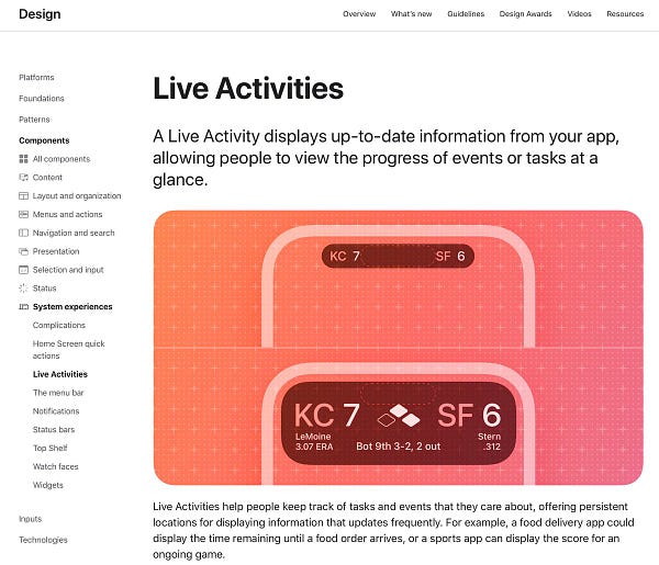 Screenshot of the home page for Live Activities in Apple’s Human Interface Guidelines