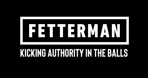 An adapted campaign logo that says "Fetterman: Kicking Authority in the Balls"