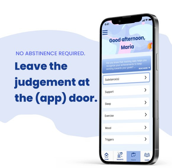 Text: “No abstinence required. Leave the judgement at the (app) door.” Image of smartphone with Emerge Recovery app screen, to track substances, support contact, sleep, exercise, mood, or triggers.
