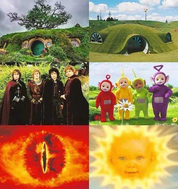 shire and hobbit house in top left. top right is the tellytubby house

middle left is 4 hobbits. middle right is 4 tellytubbies

bottom left is the eye of Sauron. bottom right is that freaky baby in the sun from tellytubbies. 