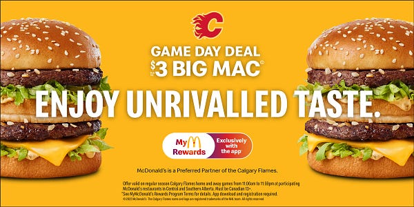 Graphic with two Big Macs, one on each side, advertising the $3 Big Mac Flames Game Day Deal