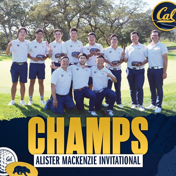 The Cal men's golf team poses following their win at the 2022 Alister Mackenzie Invitational.

Photo credit: Darren Yamashita/KLC Fotos