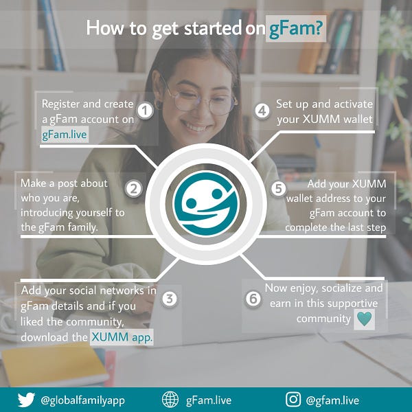 Steps for new users on gFam!

Step 1 : Create an account on gFam!

Step 2 : Introduce yourself to the community.... see if you even like it on gFam.

Step 3 : Add your details into your gFam account so people can get to know you better.

Step 4 : If you like it on gFam, then set up a XUMM wallet so you can receive tips.  Make sure you activate your XUMM wallet (this requires 10 XRP to prove you're a real person, but you can withdraw this 10 XRP when you want to close the account).

Step 5 : Add your activated wallet to your gFam account.

Step 6 : Make a new post on gFam - now people can tip you!