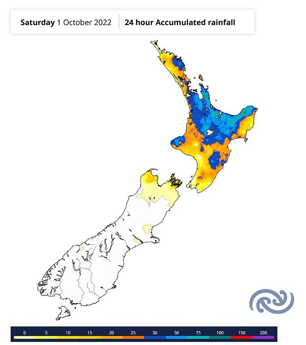 Map showing the 24 hour rainfall accumulation over New Zealand.  Most places on the North Island reported some rainfall but the South Island was mostly dry.