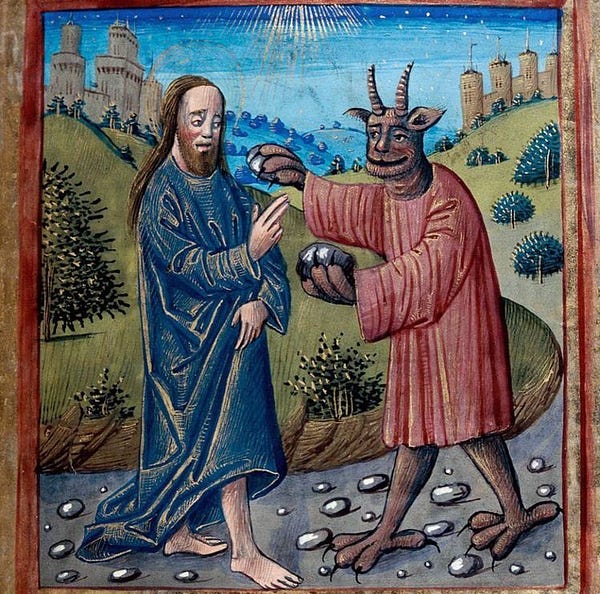 A medieval drawing of a scene set on a path through some hills with cities in the background. A demon in red robes offers a rock to Jesus, who appears to be saying no
