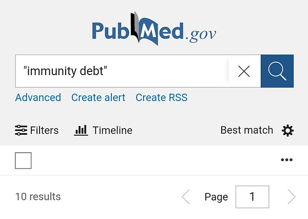 PubMed search for immunity debt returns only 10 results, all of them 2021 or 2022.