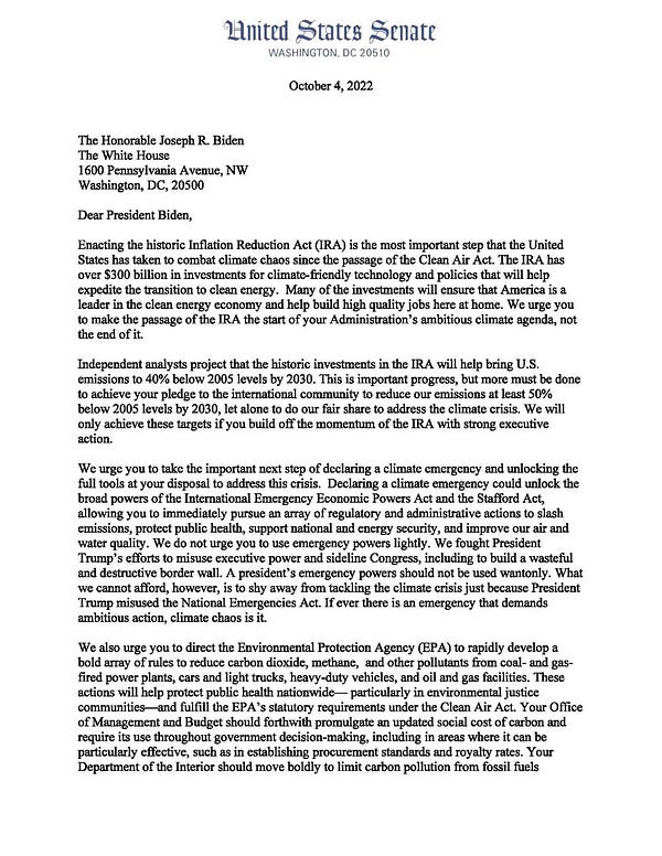 First page of a letter led by Senator Merkley calling for climate action from the Biden administration.