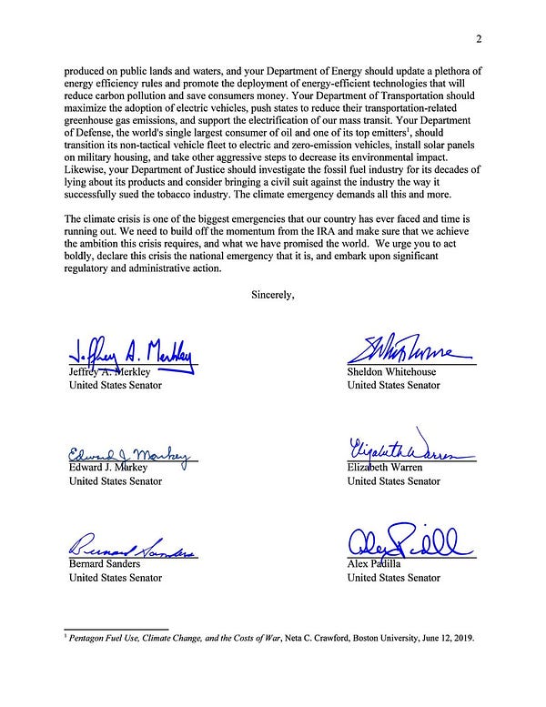 Second page of a letter led by Senator Merkley calling for climate action from the Biden administration. Includes signatures from Senators Merkley, Whitehouse, Markey, Warren, Sanders, and Padilla.