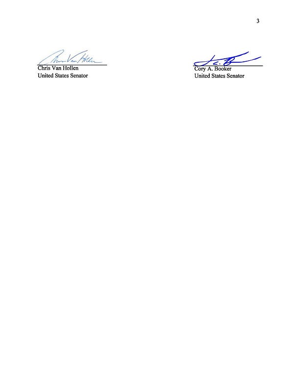 Third page of a letter led by Senator Merkley calling for climate action from the Biden administration. Includes signatures from Senators Van Hollen and Booker.