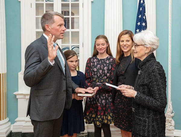 Deputy Secretary of State Wendy Sherman swears in US Ambassador at Large for Cyberspace and Digital Policy Nate Fick at the U.S. Department of State in Washington, D.C.