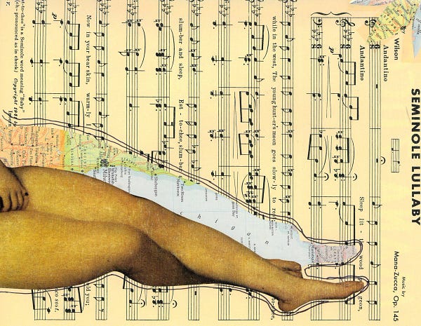 “Seminole Lullaby” by Despy Boutris
A collaged pair of woman's legs lay in a relaxed position across musical score