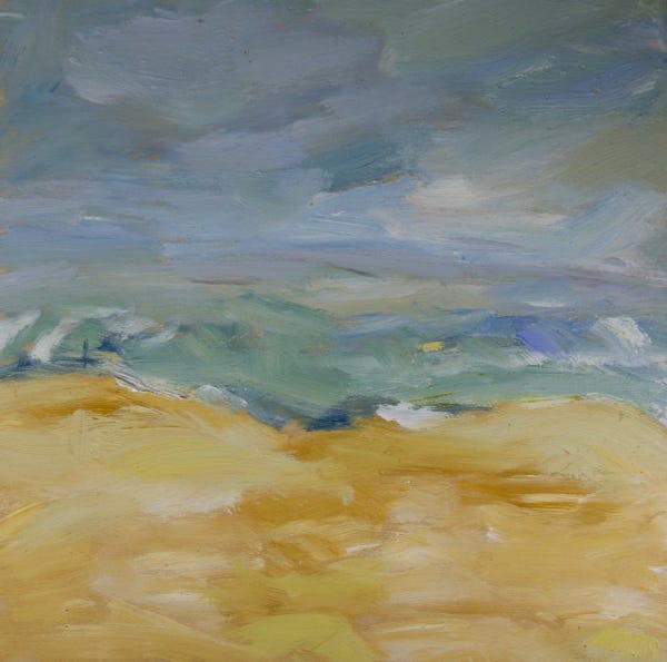 "Playa Viva" by Cyndi Gusler
An impressionist painting of blue waves approaching a yellow beach.