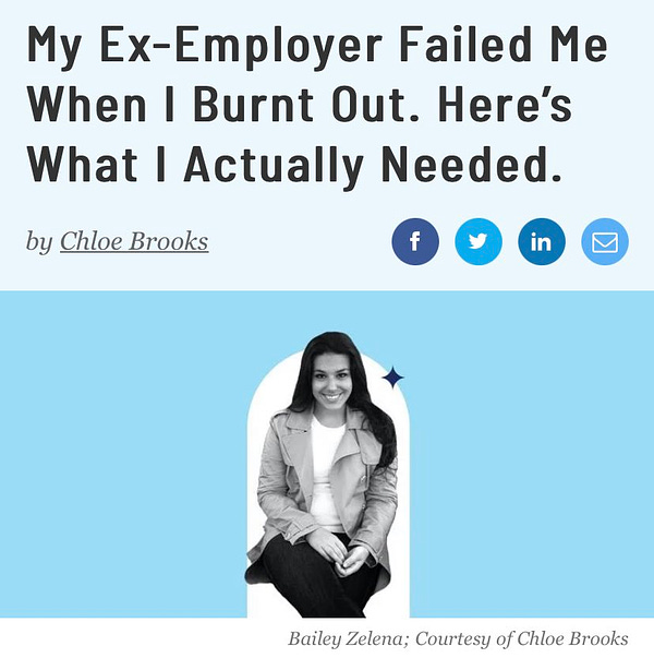 Screenshot of an article from The Muse. The headline reads, “my ex-employer failed me when I burnt out. Here’s what I actually needed.” The image shows a black and white image cutout of a younger Chloe, superimposed on a pale blue and white background