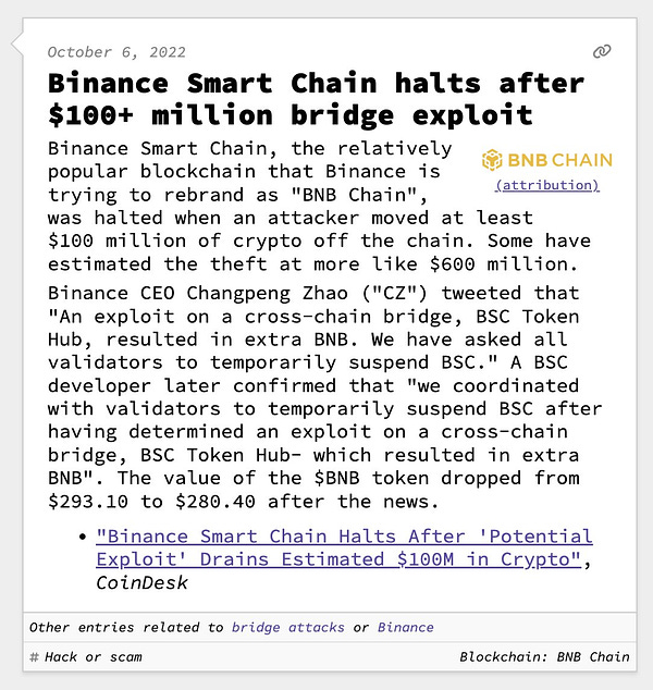 Binance Smart Chain halts after $100+ million bridge exploit Binance Smart Chain, the relatively popular blockchain that Binance is trying to rebrand as "BNB Chain", was halted when an attacker moved at least $100 million of crypto off the chain. Some have estimated the theft at more like $600 million. Binance CEO Changpeng Zhao ("CZ") tweeted that "An exploit on a cross-chain bridge, BSC Token Hub, resulted in extra BNB. We have asked all validators to temporarily suspend BSC." A BSC developer later confirmed that "we coordinated with validators to temporarily suspend BSC after having determined an exploit on a cross-chain bridge, BSC Token Hub- which resulted in extra BNB". The value of the $BNB token dropped from $293.10 to $280.40 after the news.