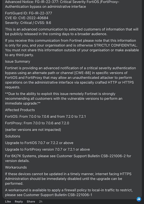 Full advisory of Fortinet about CVE-2022-40684 