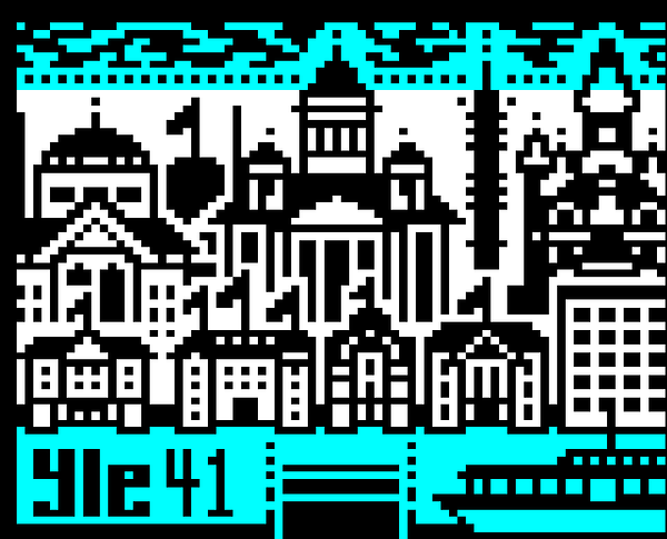 Teletext art by Dan depicting the Helsinki skyline in monochrome pixel art style.