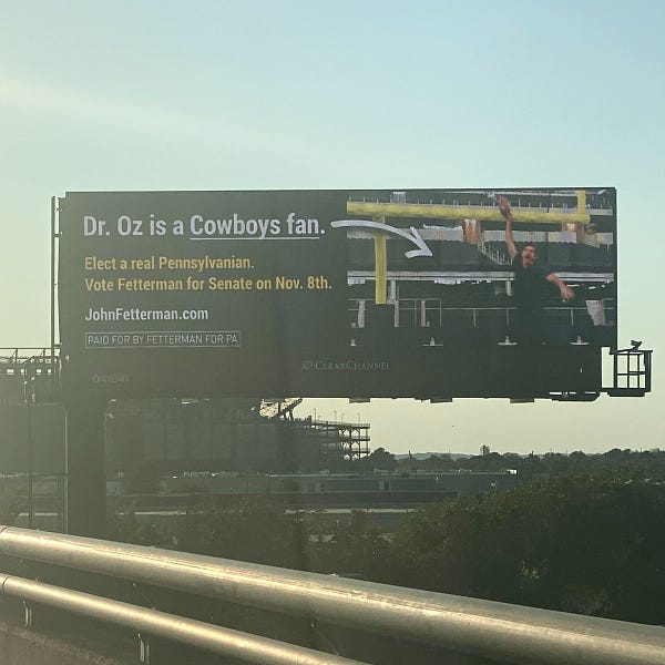 Our new billboard outside the Linc that makes fun of Dr. Oz for being a Cowboys fan.