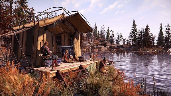 Vault Dwellers gathered around a survival tent overlooking a scenic pond.