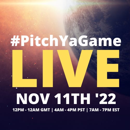 #PitchYaGame LIVE on Twitter. Logo against a space background with a sun breaching the horizon of an earth like planet in the top right. Includes date and times from the tweet.