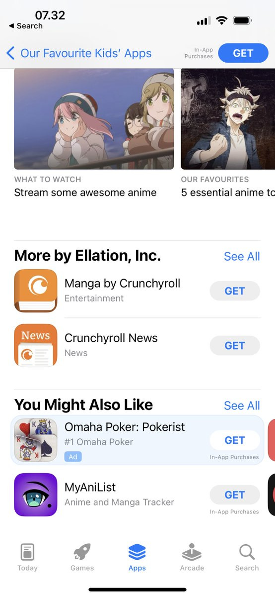 Screenshot of the product page for the Crunchyroll app showing an as for a gambling app. In the top left corner is a back button navigating back to the Our Favorite Kids’ Apps section of the App Store.