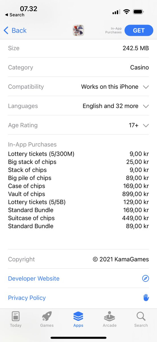 In-app purchase listing of the gambling app showing that users can buy lottery tickets and casino chips amongst others.