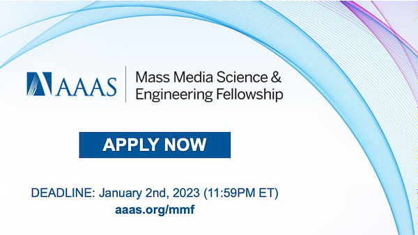 Large light blue, purple, and pink arcs are above and to the right of a logo for the AAAS Mass Media Science and Engineering Fellowship. Below the logo is white text in a navy blue box that reads: ”Apply Now” Below that is navy text that reads: “DEADLINE: January 2nd, 2023 (11:59PM ET)” and has a URL: aaas.org/mmf