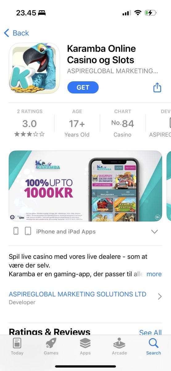 Screenshot of the App Store showing the product page for the online casino.