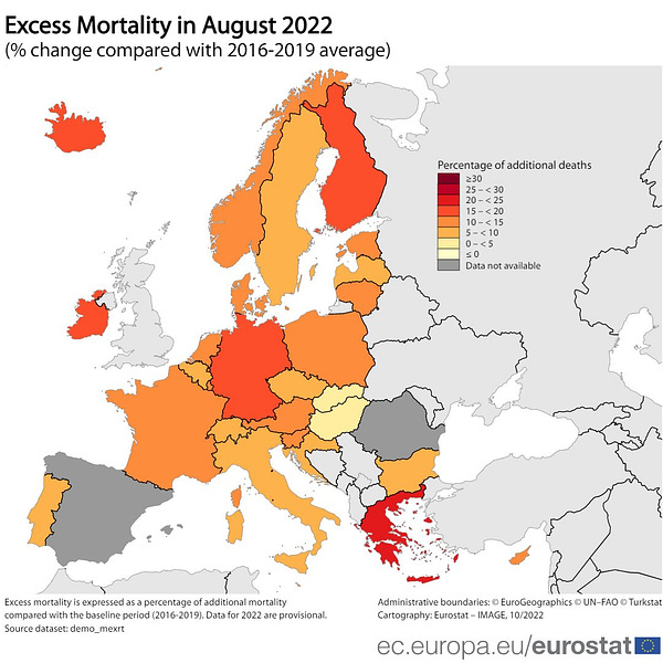 Map, Excess mortality in August 2022, percentage change compared with 2016-2019 average, EU Member States and EFTA countries
