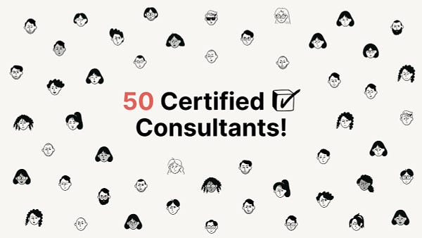 50 Notion-style illustrated avatars are scattered on a cream background. The text at the center of the image reads "50 Certified Consultants," with the Notion Certified Consultant logo, a check in a black and white cube, placed to the right of the text.