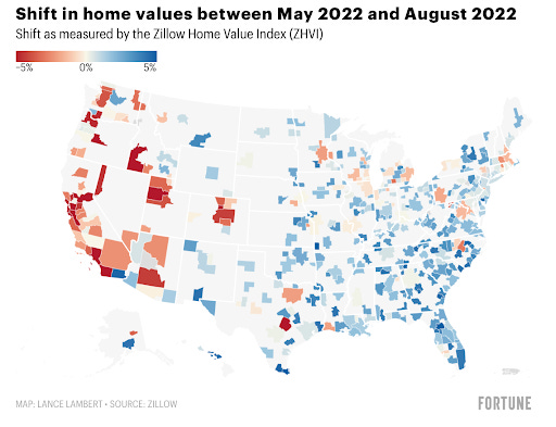 Map showing the shift in home values between May 2022 and August 2022 as measured by the Zillow Home Value Index
