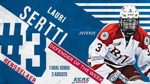 An ECAC Hockey Defender of the Week graphic featuring a full body shot of Lauri Sertti. The text on the graphic reads “LAURI SERTTI, DEFENSE, DEFENDER OF THE WEEK” in large, white capital letters on a blue background. His stats for the weekend are listed in blue: 1 goal (GWG), 2 assists. “Rensselaer” is written on the side of the graphic below his jersey number, 3, and the ECAC Hockey logo is at the bottom of the graphic.