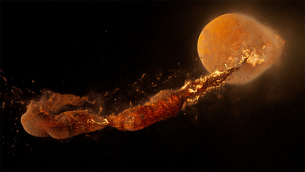 3D render of the Moon forming after the Earth was hit by a smaller planet. The image shows the Earth glowing hot and distorted from the impact, with a huge long filament of debris stretching out from it. That stuff is what formed the Moon. The image is from new research about the Moon's formation.