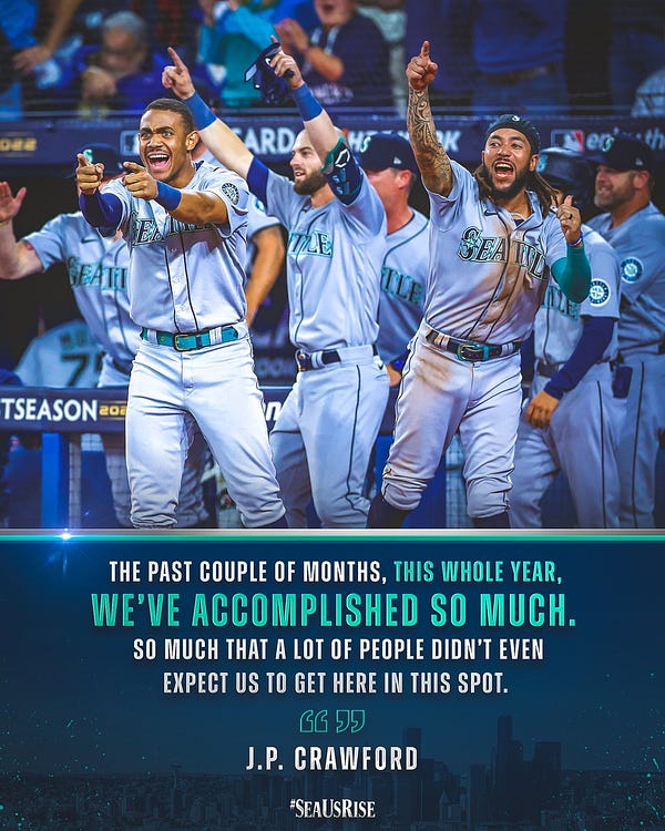 Quote from J.P. Crawford: "These past couple of months, this whole year, we've accomplished so much. So much that a lot of people didn't even expect us to get here in this spot." 