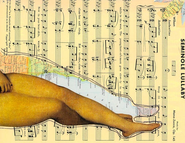 A piece of light tan sheet music, titled Seminole Lullaby, is horizontal in the frame. A woman's legs and part of one hand are visible across the bottom left.