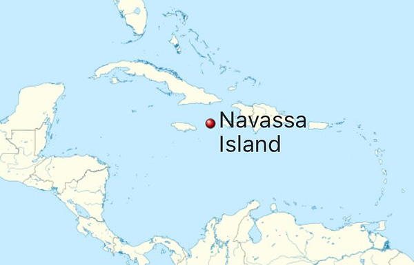 Map of the Caribbean with Navassa Islamd shown west of Haiti.