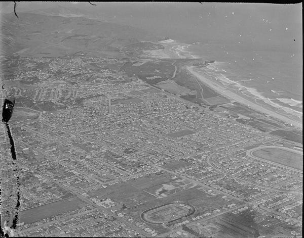 Title
Dunedin from the air, 1928

Photographer
Mill, Frank Douglas, 1899-1990

Record ID
FDM-0496-G

Collection Name
F. Douglas Mill Collection

Credit
Auckland Libraries Heritage Collections FDM-0496-G

Date of Image
1928-10

Description
Aerial view of Dunedin showing the suburb of St Clair and the Forbury Park raceway.  

Subjects
Dunedin - Aerial photographs; Aerial photographs

Other Notes
For many of the aerial photographs, while Doug Mill was piloting the plane his wife Audrey was leaning out of the open cockpit with a camera. The couple operated their air transport and survey business from a hangar at Hobsonville Point between 1927-1937.