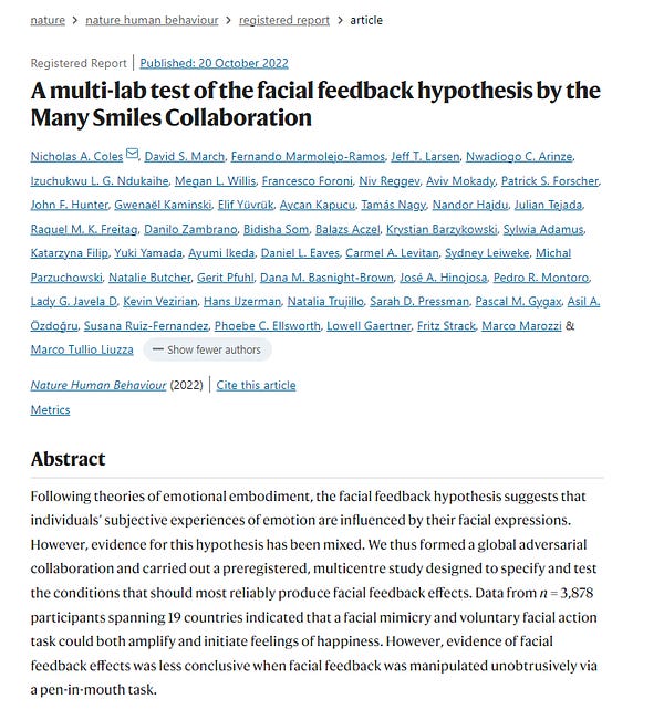 Image of a paper titled "A multi-lab test of the facial feedback hypothesis by the Many Smiles Collaboration"