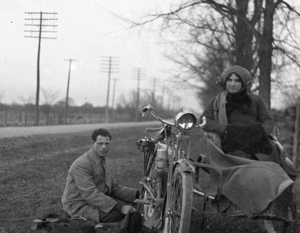 Rae Luckock and her husband Richard Charles Luckock on a motorcycle trip, circa 1930 (F 4725)