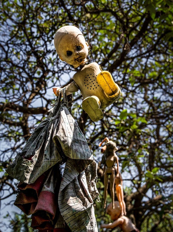 Tres fotografías de muñecas abandonadas y deterioradas colgadas de árboles. El autor de las tres es Kevin CC BY.