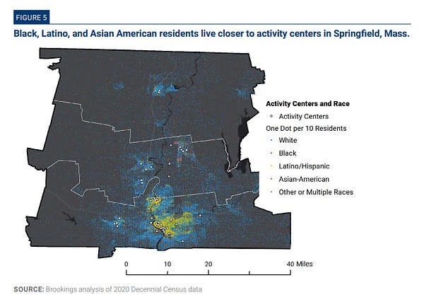 A map of the Springfield, MA metro area showing that the Black and Latino/Hispanic populations are largely clustered around activity centers relative to the white population.