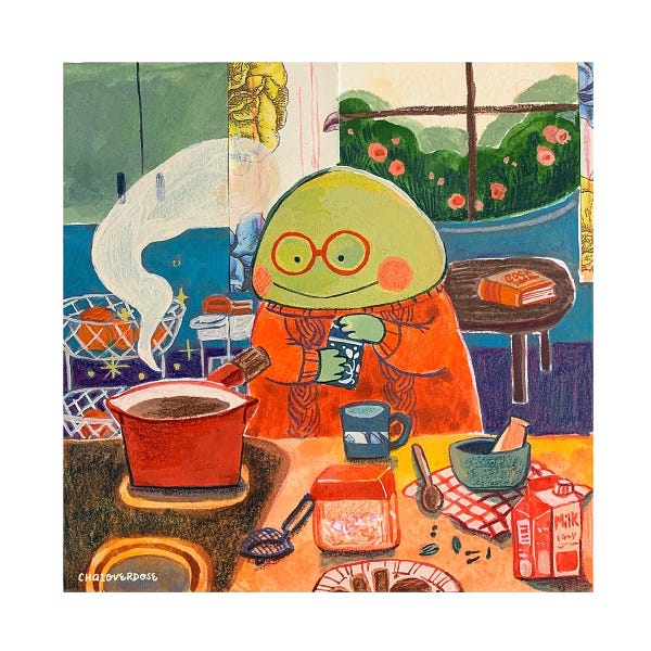A small frog brews tea in the kitchen amidst a cozy kitchen atmosphere