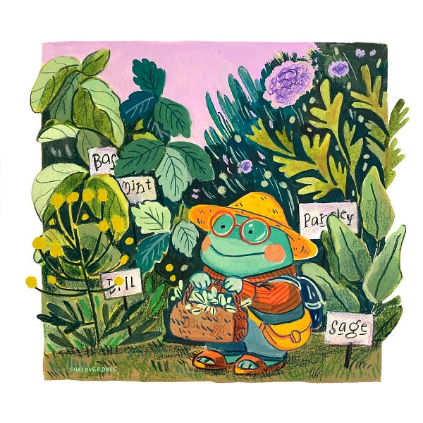 A small round frog in overalls and a hat, holds a basket of herbs with a smile on their face. The herbs surrounding them include sage and basil and are much taller than the frog.